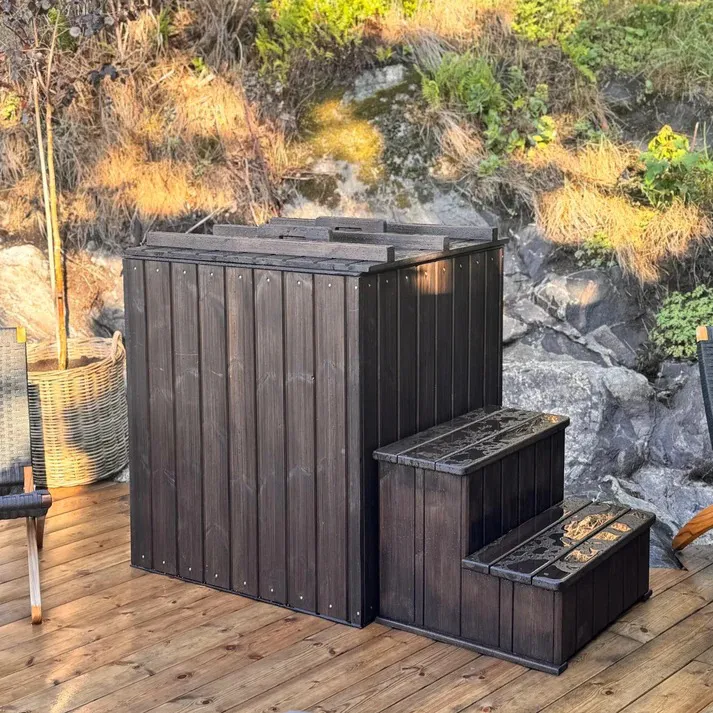 Square cold plunge tub, timber clad